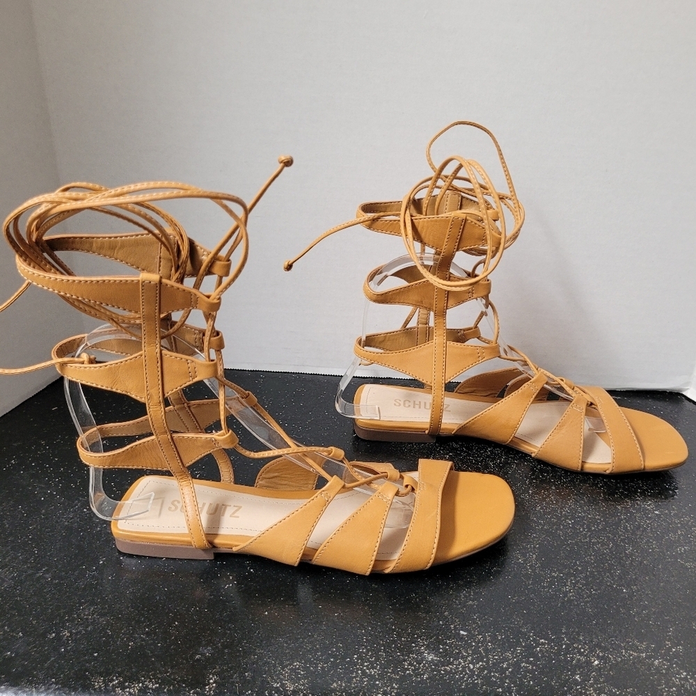 Schutz Cassia Flats Gadiator Sandals Tan - Picture 3 of 9